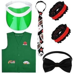Kavoc 6 Pcs Casino Dealer Costume Set Dealing Visor Hat Vest Bowtie Armband Poker Necktie for Adults Las Vegas Game Night Party