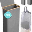 Slim Laundry Hamper with Lid, 70L Foldable Laundry Basket, Dirty Clothes Hamper with Removable Bag and Handles, Sturdy Storage Basket for Bathroom, Dorm, Grey