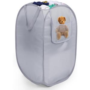 Sturdy Collapsible Laundry Baskets with Side Pocket, Pop Up Laundry Hamper Lightweight, Foldable Thick Fabric Clothes Basket with Reinforced Handles for Bedrooms, Dorm, Bathrooms, Travel Grey