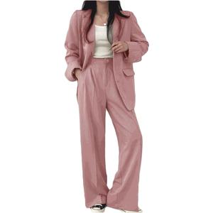 Women’s Korean-Style Plain Suit Long Sleeve Turn Down Collar Blazers Slimming Wide-Leg Pant Two-Piece Suit L