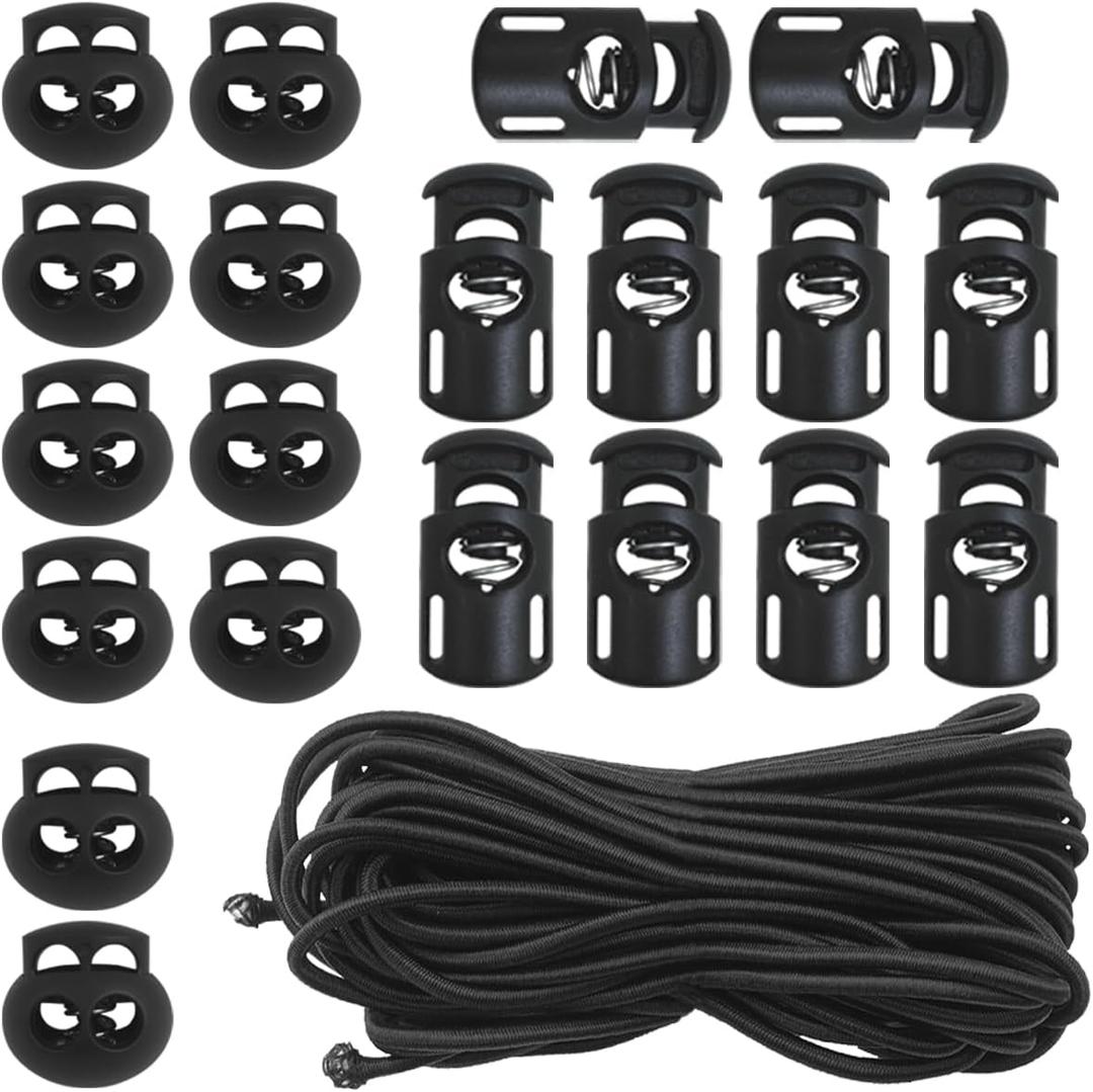 20 PCS Plastic Cord Locks & 50 ft Elastic Bungee Cord, SourceTon 10 PCS Single-Hole, 10 PCS Double-Hole ABS Spring Toggles with 5/32" Elastic Shock Cord for Backpacks, Luggage (Black)