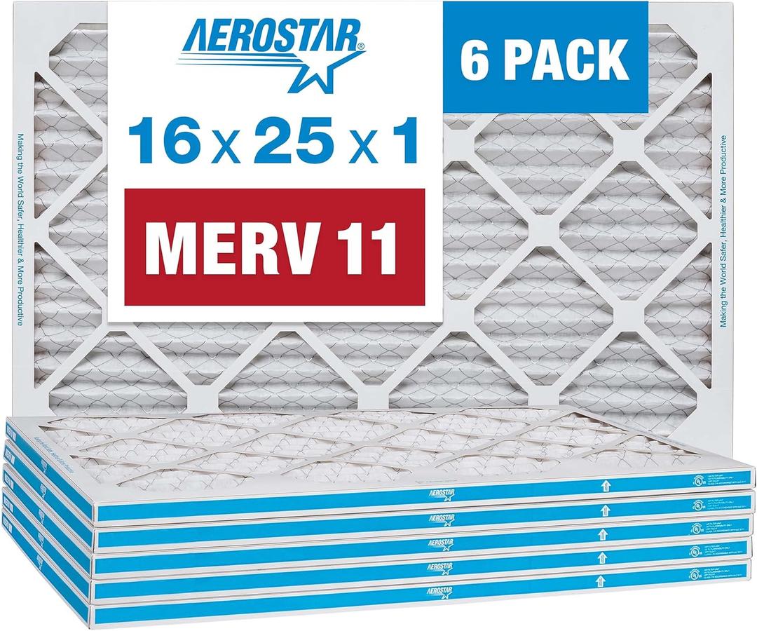 Aerostar 16x25x1 Air Filter MERV 11 (For Allergies, Dust, Lint, Mold, Pet Dander, Smoke & Smog) - Electrostatic MPR 1000 - 1200 & FPR 7 - Pleated HVAC AC Furnace Air Filters - Pack of 6