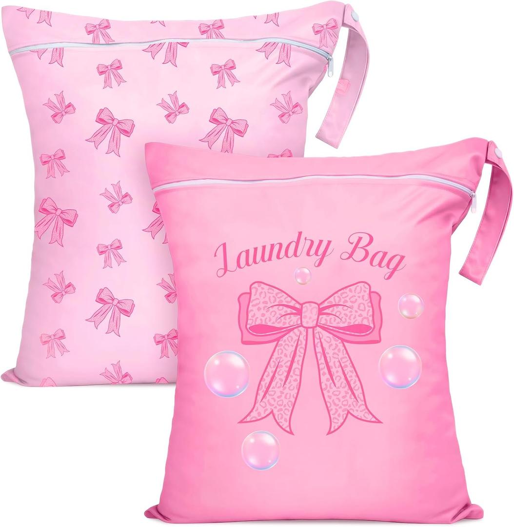 2 Pcs Large Travel Laundry Bags Waterproof Wet Dry Bag, Washable Dirty Clothes Bags for TravelDrawstring, Bathing Suit, Workout, Gym Clothes Laundry, Swimming Pool & College Dorm, Pink Bow