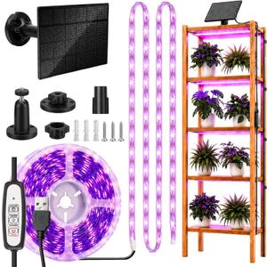 Solar Grow Light Strip with Battery Operated for Outdoor Plant, Full Spectrum Plant Growing Lights, IP65 Waterproof for Greenhouse, 16.4FT Indoor Solar Powered with Timer for All Stage Plants