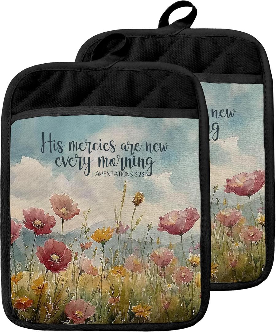 His Mercies are New Every Morning Christian Pot Holders with Pockets, Floral Bible Verse Religious Oven Pot Holders Heat Resistant Oven Mitts Hot Pads for Kitchen Baking Cooking