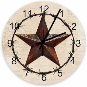 Vintage Star Wall Clock Silent Non Ticking, Texas Farmhouse Star Vintage Rustic Wood Grain Clock, Battery Operated Quartz Wooden Round Wall Clocks Decorative for Living Room/Kitchen/Office 12 Inch