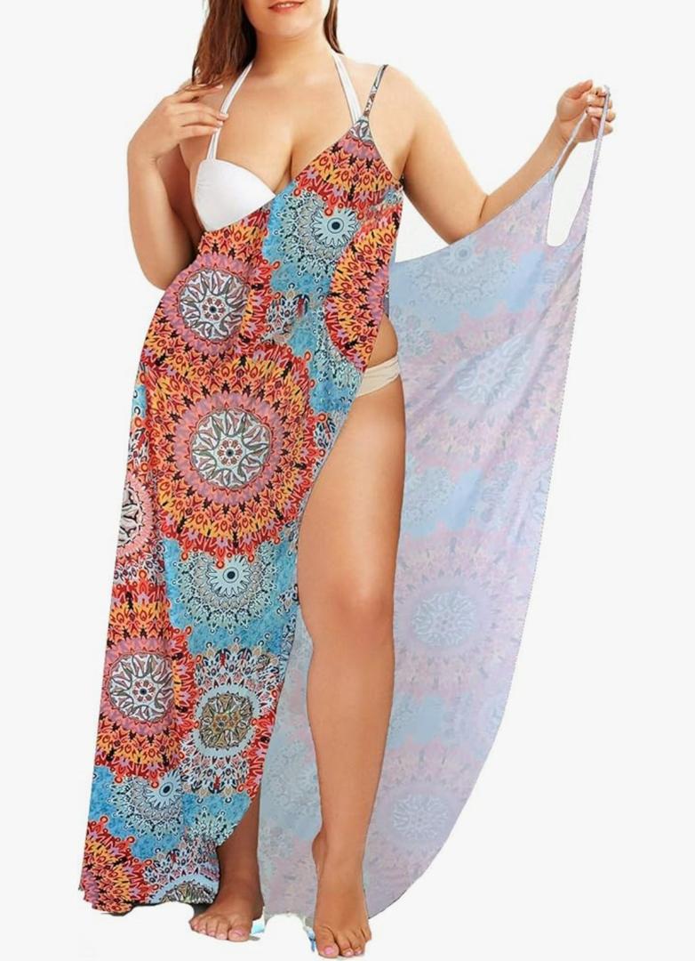 Plus Size Spaghetti Strap Cover Up Beach Backless Wrap Long Dress, S