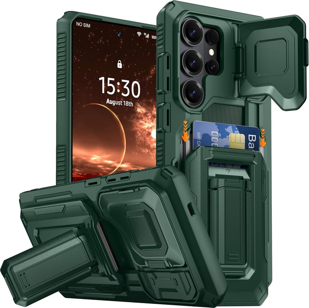 for Samsung Galaxy S26 Ultra Wallet Case with Card Holder & Kickstand & Full Camera Lens Cover, Military Grade Drop Shockproof Rugged Phone Case for S26 Ultra 6.9'', Green