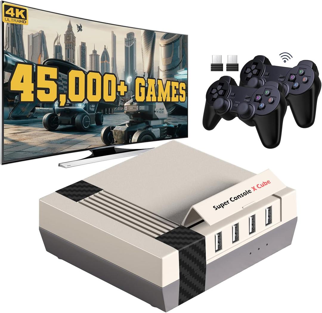 Super Console X Cube,64G Retro Video Game Console Built-in 45,000+ Games,TV&Game Systems in 1, Game Consoles Support for 4K TV 1080P HD Output,with 2 Wireless Controllers,Support LAN/WiFi