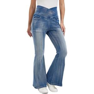 KYAL Women's High Waisted Flared Jeans Pull On Wide Leg Jeans Stretchy Denim Pants, V Cross Tummy Control Flare Pants Size Xs