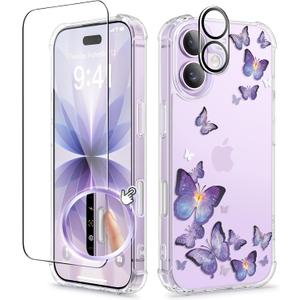 GVIEWIN for iPhone 17 Case, with Screen Protector+Camera Lens Protector, [NonYellowing] Clear Floral Slim Shockproof Protective Hard PC Back Women Phone Case for iPhone 17 6.3", Alluring Butterfly