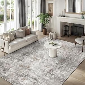 10x14 Area Rug Living Room – Washable Large Neutral Modern Abstract Soft Low Pile Non-Slip Thin Carpet for Bedroom, Dining Room, Home Office (Beige, Grey)