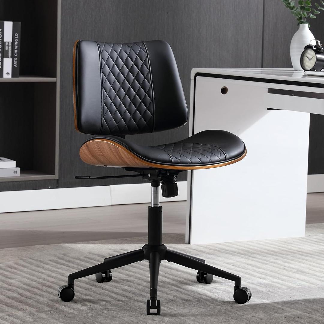 Home Office Chair No Arms with Wheels, Adjustable Height Small Desk Chair, PU Leather Mid Back 360 Swivel Computer Chair, Armless Modern Walnut Chair for Office, Reading Meeting Room(Black), Mcm Style