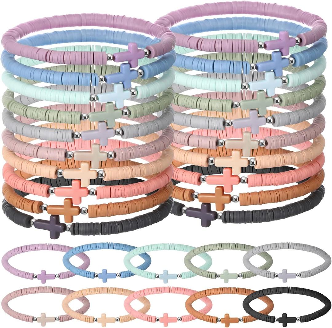 Landical 30/50 Pcs Cross Bracelets Bulk Jesus Bracelets Handmade Elastic Colorful Polymer Clay Bead Religious Wristbands Christian Wristband for Women Kid Easter VBS Gifts (Morandi)