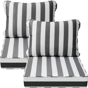 AAAAAcessories Outdoor Deep Seat Cushions, Waterproof, Fade-Resistant Patio Furniture Replacement Cushions, 25.5" x 25.5" x 5" + 25.5" x 19", Set of 2, Gray Cabana Stripe