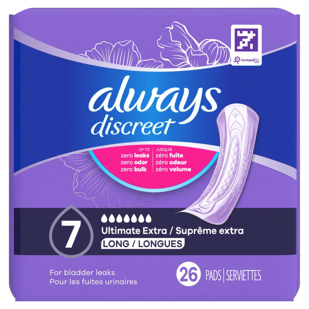 Always Discreet Incontinence Pads for Women and Postpartum Pads, Ultimate Extra Protect, 26 CT, up to 100% Bladder Leak Protection