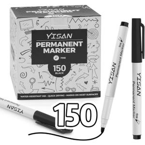YISAN Permanent Markers Bulk,150 Pack Fine Tip Black Permanent Markers,Quick Drying Ink,Works on paper,Plastic,Stone,Glass,Metal,71518