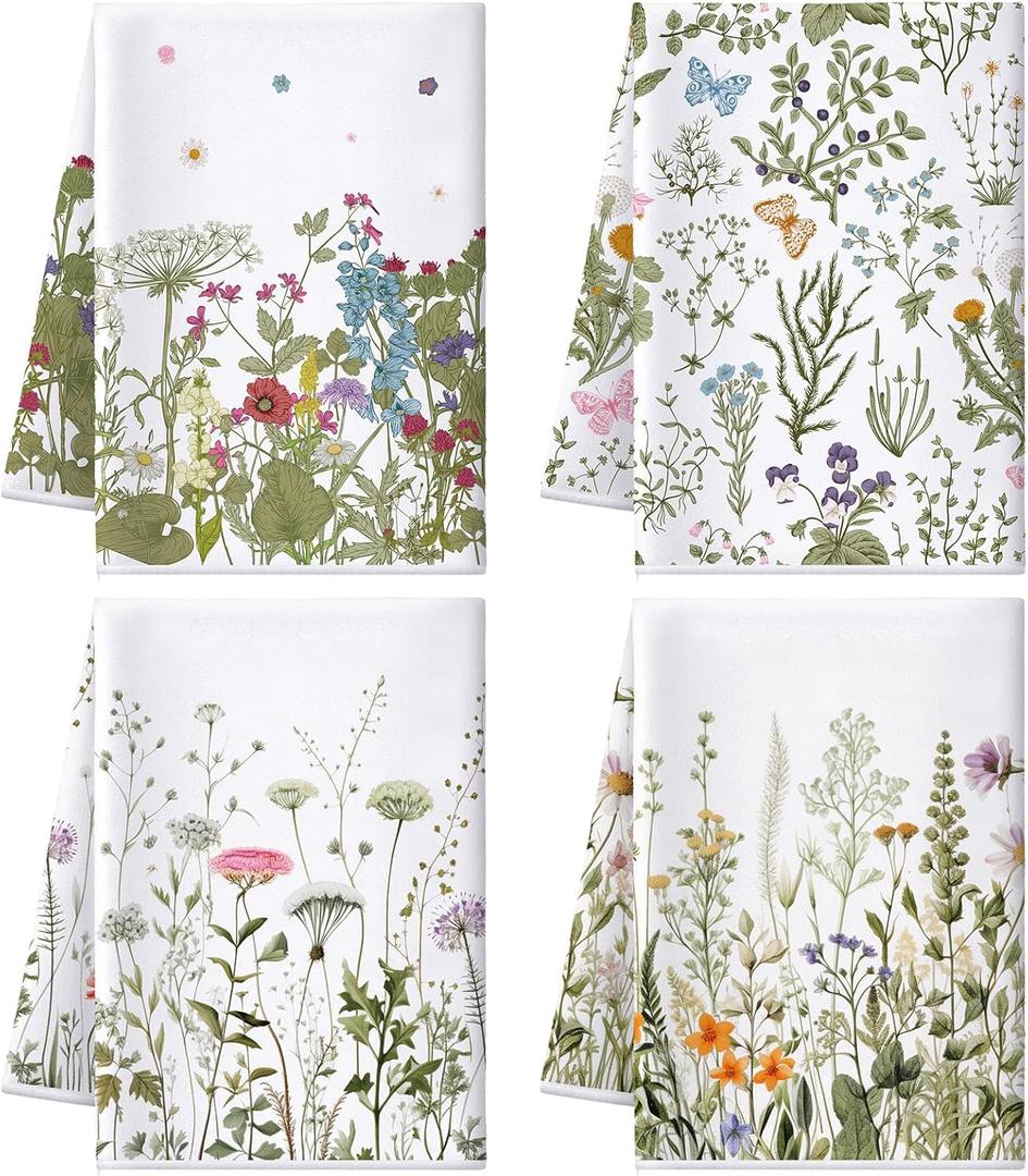 Bencailor 4 Pcs Wild Flower Kitchen Towels Wildflower Floral Hand Dish Towels White Green Leaves Dishcloths Fast Drying Decorative Set Decor Housewarming Gift for Cooking Kitchen Bathroom (Mixed Colors)