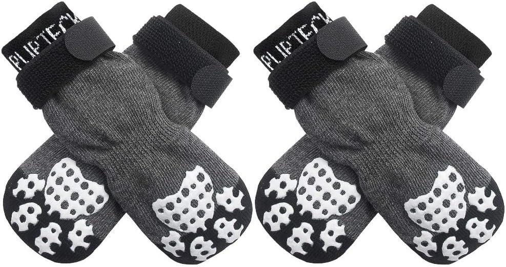 PUPTECK Anti-Slip Dog Socks with Double Sides Grips for Small Medium Large Dogs Hardwood Floors Prevents Licking, Dog Shoes for Hot Pavement Traction Control Paw Protector for Senior Dogs, Grey XXS