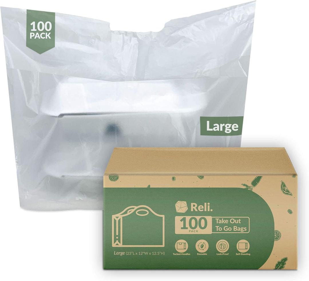 Reli. To Go Bags/Take Out Bags (100 Count) (Large 23" L x 12" W x 12.5" H) Reusable Plastic Bags with Handles - Die Cut Handle - Plastic | Use for Shopping, Business, Carry Out, Restaurant
