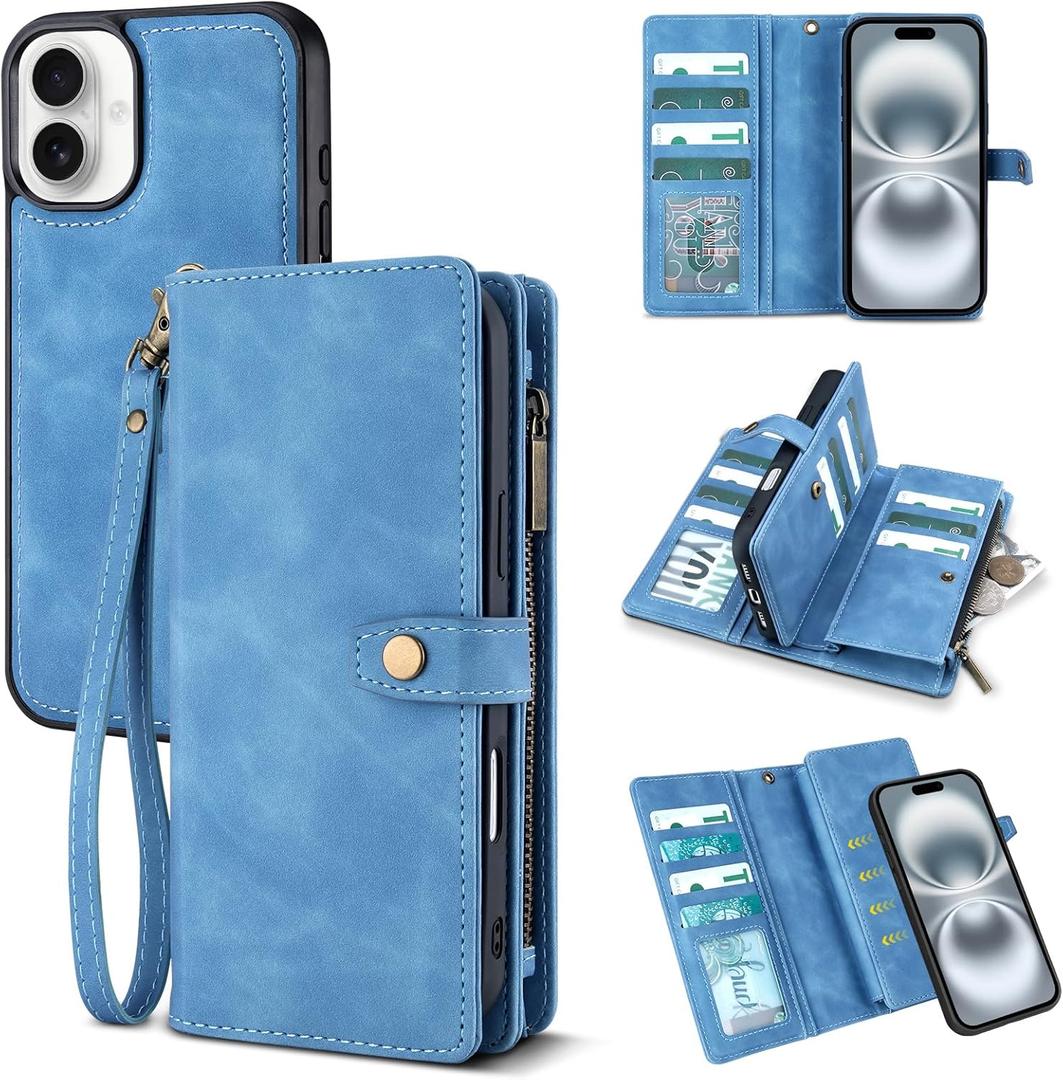 TwoHead Wallet Case Compatible with iPhone 16,Detachable Magnetic Phone Case,PU Leather All-Round Protective Cover Wallet with Card Holder/Change Pocket,6.1 in,Sky Blue