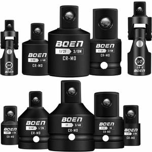BOEN 10-Piece Impact Socket Adapter and Reducer Set, Standard SAE 1/4" 3/8" 1/2" 3/4", CR-MO Steel Driver & Wrench Conversion Kit Socket Reducer with 3/8" & 1/2" Universal Joint