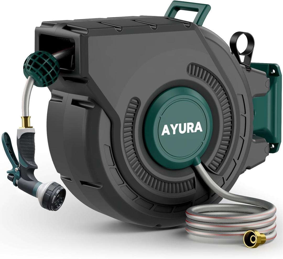 AYURA Retractable Garden Hose Reel 100 ft x 1/2 inch with Pro Metal Shaft, Heavy Duty Automatic Garden Hose Reels with Kink-Free Rewind and Lock at Any Length, Wall Mount Water Hose Reel for Outside (EXP 08/13/36)