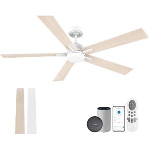 Lorpies 60 Smart Ceiling Fan with Lights Remote,Control via Alexa Google Voice App Wifi,Silent DC Motor,Dimmable,Outdoor Indoor Modern Ceiling Fans for Large Bedroom Patio Porch,White and Wood