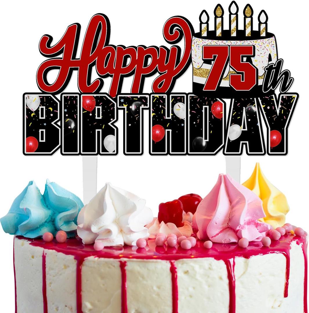 LINGTEER Happy 75th Birthday Red Acrylic Cake Topper,Red Theme Birthday Cheers to 75 Years Old Party Cake Decorations Gift Sign.