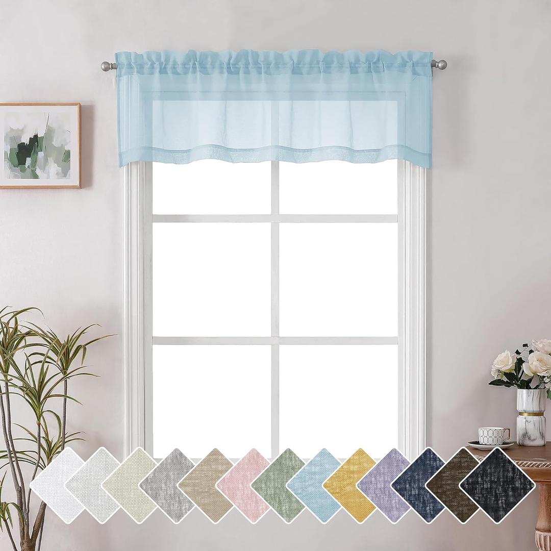 Lecloud Doris Sheer Sky Blue Curtain Valance 14 Inches Long, Light Filtering Slub Faux Linen Curtain for Bedroom Living Room Window, Half Small Kitchen Valance with Dual Rod Pockets, 60 W x 14 L Inch