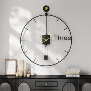 Cuspin 24 inch Large Wall Clock with Pendulum, Modern Metal Wall Clock Battery Operated Silent Non-Ticking, Black Pendulum Decorative Clocks for Living Room, Bedroom, Office, Kitchen, Home