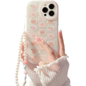Fycyko Compatible with iPhone 13 Pro Max Case Cover Cute Women,Bear Love Heart Pattern with Pearl Strap Bracelet Chain Sparkly Phone Case Camera Protect for 13 Pro Max-6.7 inch