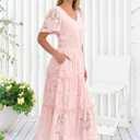 Caracilia Womens 2026 Spring Wedding Guest Maxi Dress Summer Boho Floral Short Sleeve V Neck Beach Vacation Tea Party Dresses (Pink, L)