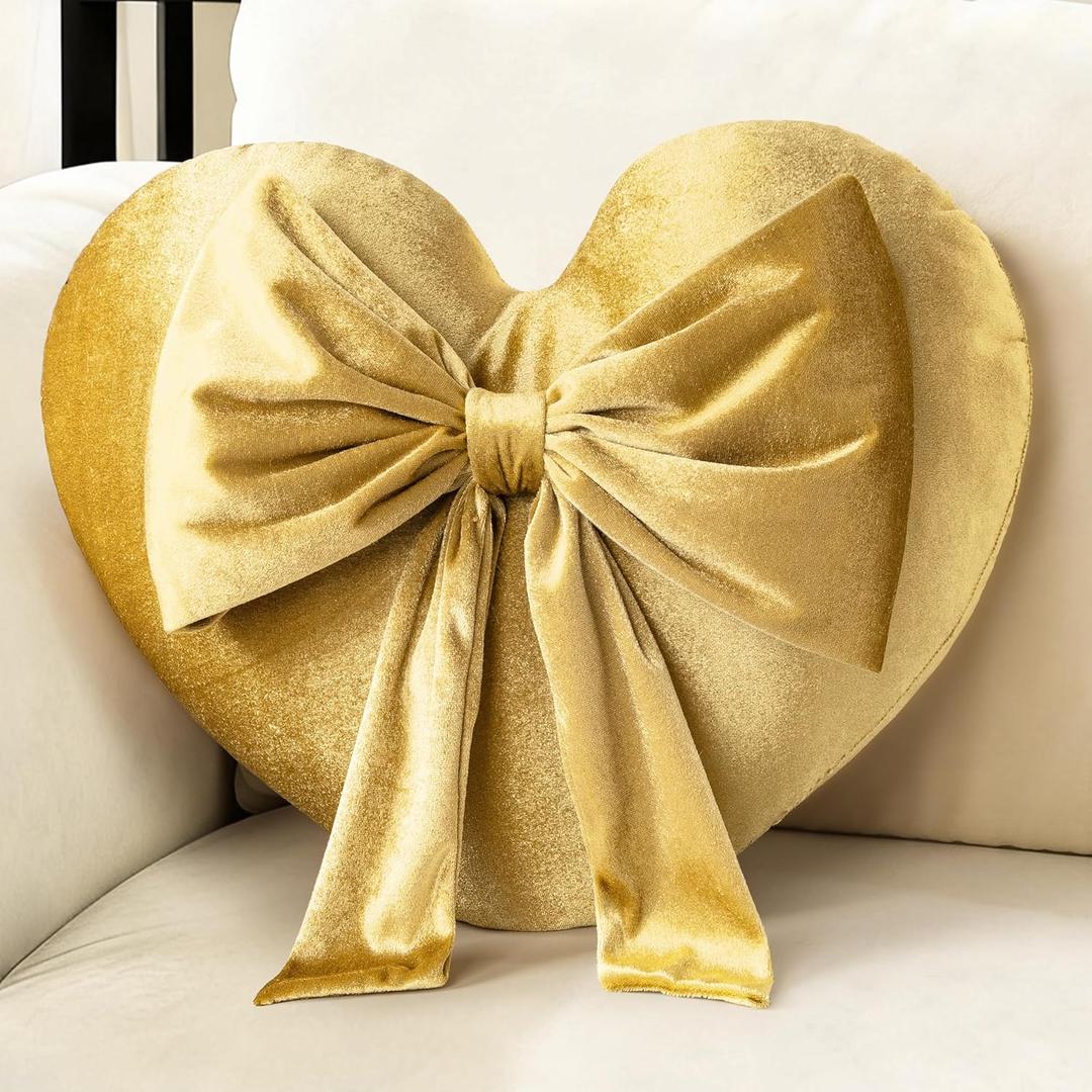 AELS Heart Shaped Pillow with Bow, 17.7 Inches Heart Decorative Throw Pillows, Velvet Love Cute Pillows, Valentines Day Decorations, Wedding Decor, Living Room Bedroom Nursery Decor, Golden