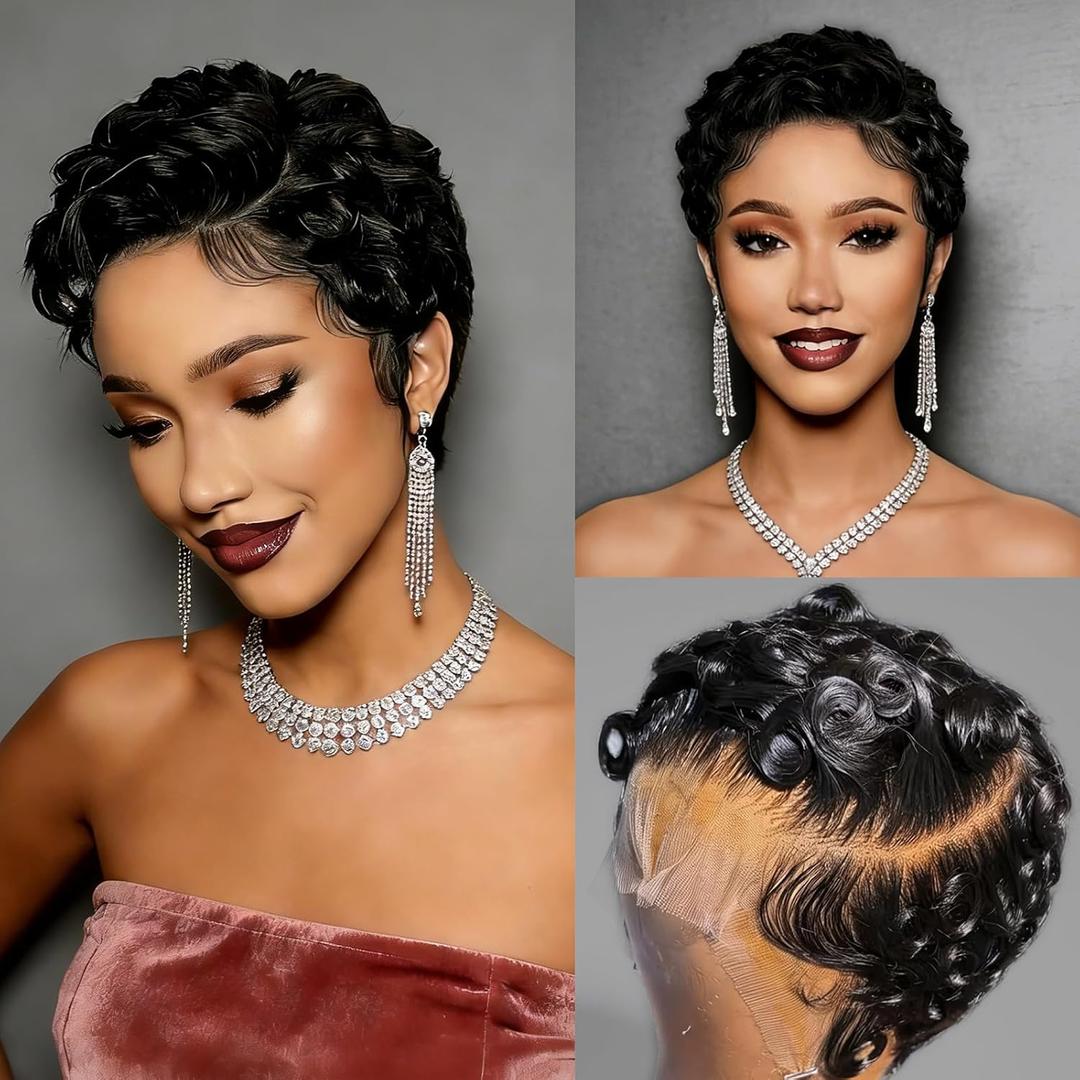 Short Curly 13X4 Lace Front Pixie Cut Wigs 100% Human Hair for Black Women, Curly Deep Wave 13x4 HD Lace Front Wigs Pre Plucked Glueless Wig Finger Wavy Natural Look Daily Wear Mommy Wig, Black