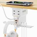 Gaming Headphone Stand with Charging Station - Aluminum Hooks Headphone Holder, Under Desk Headset Stand, 3 USB & AC Outlet, Surge Protector & Cable Organizer, Gift for Girl/Men (White)