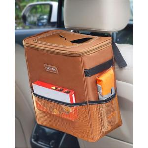 HOTOR Brown Car Trash Can with Adjustable Strap, Magnetic Snaps, Waterproof Lining, and Storage Pocket (2 Gallons)