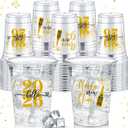 Layhit 100 Pcs Happy 2026 New Year Plastic Cups 12 oz Clear Plastic New Year Holiday Cups Festive Drinking Disposable Eve Party Supplies