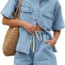 chouyatou Women's Summer Denim 2 Piece Outfits Short Sleeve Button Down Shirt Elastic Waist Wide Leg Shorts Matching Set (Blue, S)