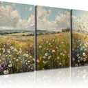 3pcs vintage wildflower wall art farmhouse field landscape canvas decor natural scenery colorful floral oil painting print suitable for living rooms bedrooms studies and offices16x24 Inches Framed