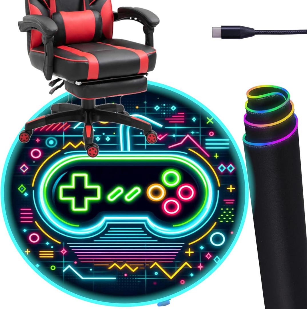 Gaming Chair Mat RGB LED Gaming Lights (Retro Controller 47) - Noise Cancelling, Anti-Slip Gamer Floor Mat  Scratch Resistant Gaming Mat for Chair  Office Chair Mat for Hardwood Floor