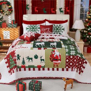 Cmfshape 5-Piece Christmas Quilt Set,Queen Size Xmas Tree Reindeer Santa Claus Pattern Christmas Bedding Set,Reversible Bedspread Coverlet,Holiday Bedding(92"x96")