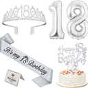 18th Birthday Decorations for Girls Silver with 18th Birthday Sash and Tiara, Cake Topper and Candles, Silver Number Balloons, 18 Year Old Gifts for Girls