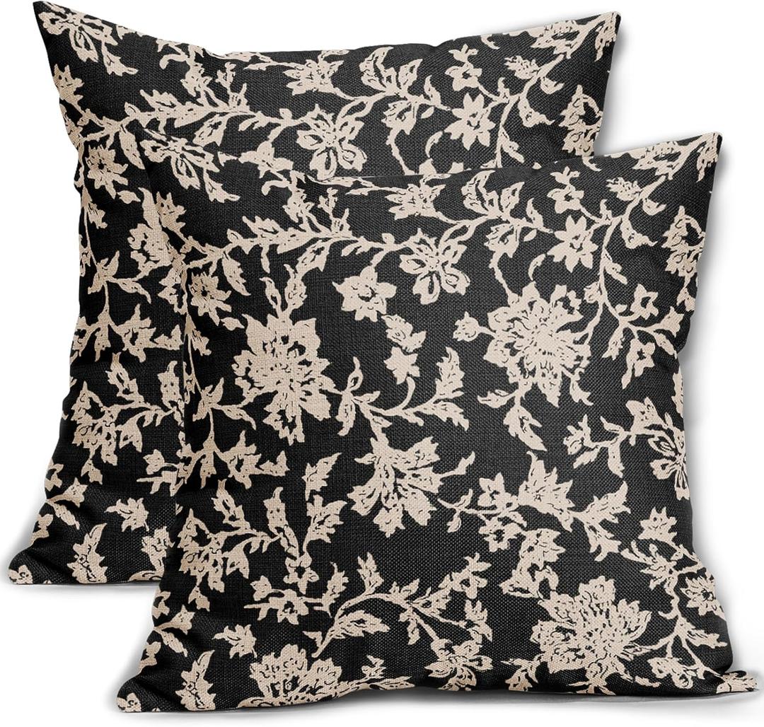 Black Floral Pillow Covers 18x18 Set of 2 Brown Cream Vintage Flower Block Print Pattern Decorative Throw Pillowcases Outdoor Rustic Farmhouse Square Cushion Cases Decor for Home Couch Sofa Bed
