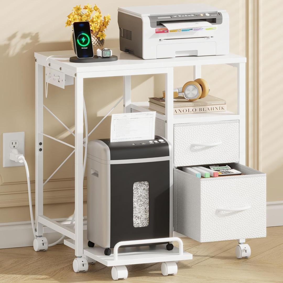 YAOHUOO Printer Stand with Power Outlet/Fabric Drawers, Printer Cabinet with Storage Shelf and Rolling Shredder Stand, Printer Table for Home Office, 22.8"15" White