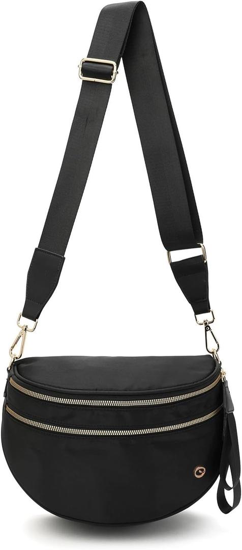 Spacious Crossbody Bag Nylon Bum Bag for Women Fanny Packs Handbags with Adjustable Straps (Black)