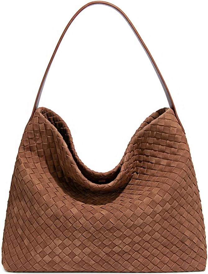 KlaOYer Woven Faux Suede Tote Bag for Women Large Vegan Hobo Purse Summer Travel Shoulder Bag Crossbody Purse Handbag (Brown)