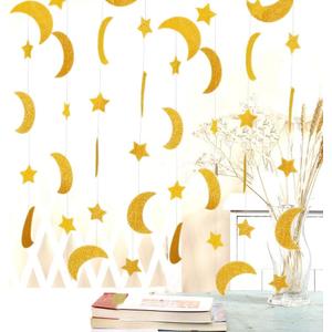50ft Glitter Moon & Stars Garlands, 6 Pack Gold Double-Side Crescent and Twinkle Stars Paper Hanging Decorations for Birthday Party Baby Shower Engagement Wedding for Nursery Kids Room Home Bedroom