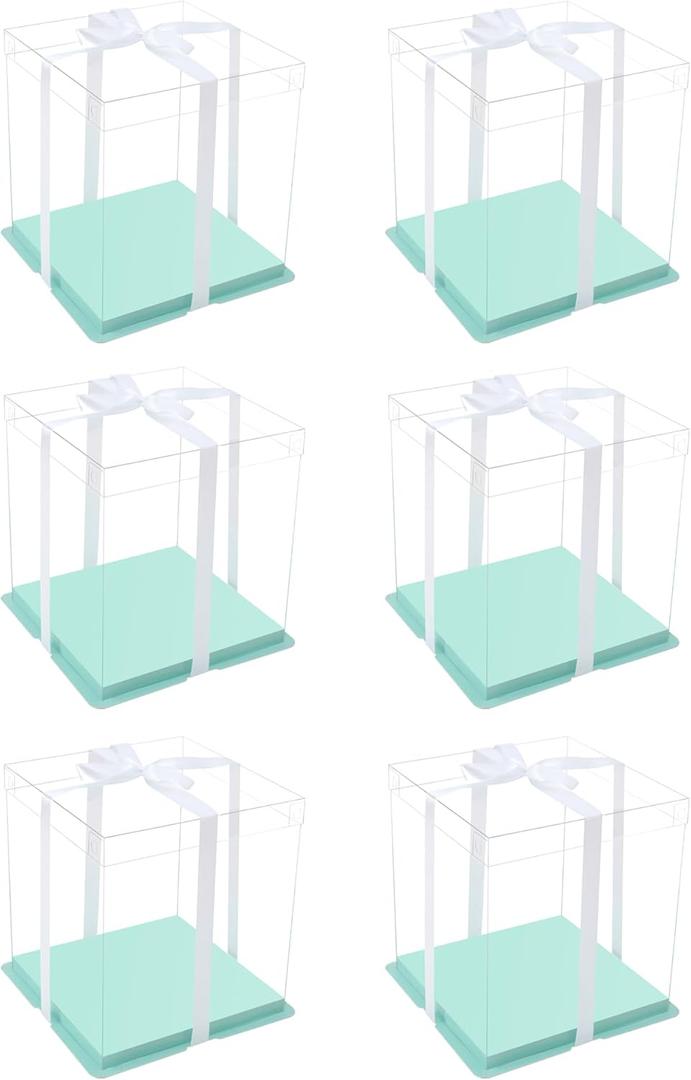XININSUN clear cake box with ribbon,8inch 10inch cake boxes,transparent tall cake box cake carrier,Cake Containers clear gift box for Wedding,Birthday,Party(6pcs-green)