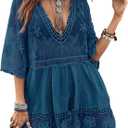 Eomenie Women's Contrast Lace Bathing Suit Cover Up V-Neck Swimsuit Coverups Loose Swimwear Beach Dress Beachwear, One Size